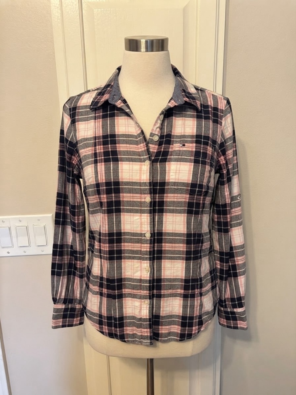 Tommy Hilfiger Pink, Black & White Plaid Button-Down Shirt